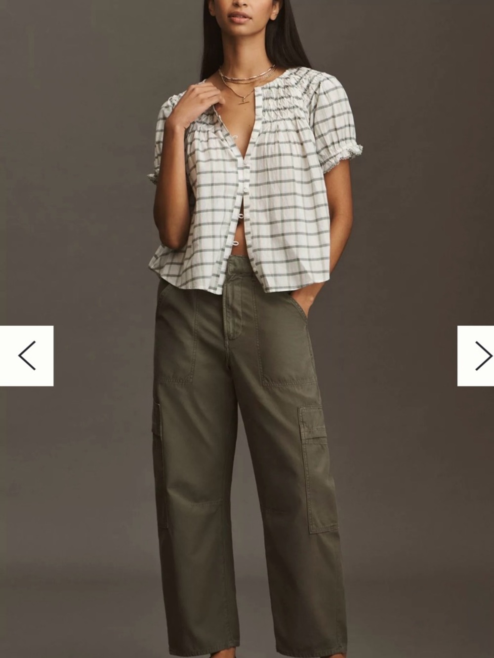 Anthropologie Pleated Plaid Button-Front Top in Cream, Gray and Soft Pink